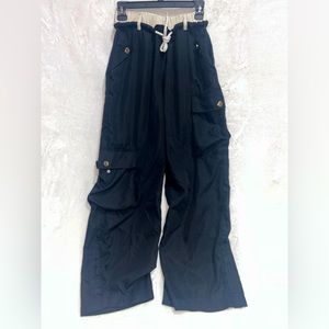 black tie contrast waist flap pocket parachute baggy pants skater streetwear
